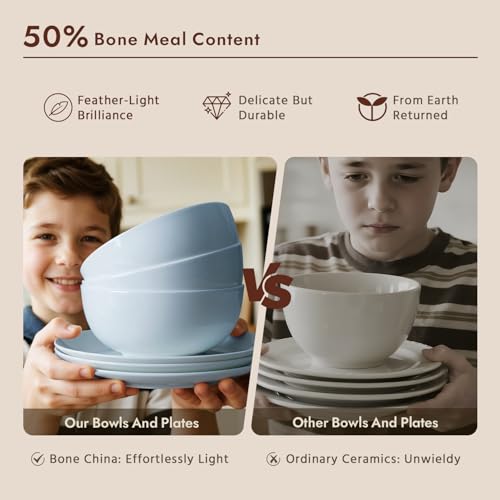 KINGSTONE 12-Piece Bone China Dinnerware Set for 4, Lightweight Porcelain Round Plates and Bowls Set, Durable Scratch Resistant Ceramic Dinner Set, Microwave & Dishwasher Safe, Misty Blue by KINGSTONE - Image 3
