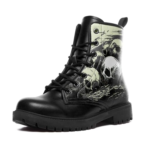 Custom Black Combat Boots for Women Fashion Lace-Up Skull Rose Ankle Booties Chunky Heel Platform Leather Boots