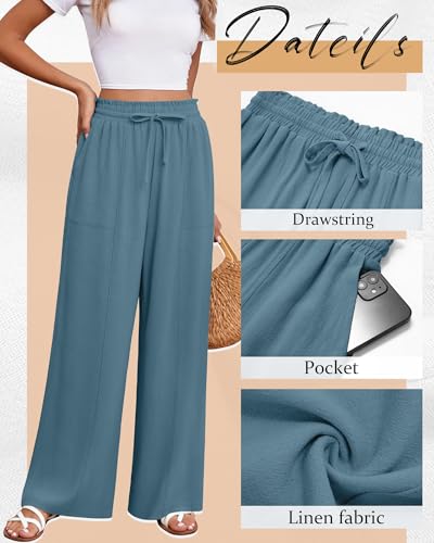 Huukeay Women's Linen Wide Leg Pants, High Waist Flowy Palazzo Pants with Pockets Drawstring Summer Casual Work Trousers(Lake Blue,Large)3