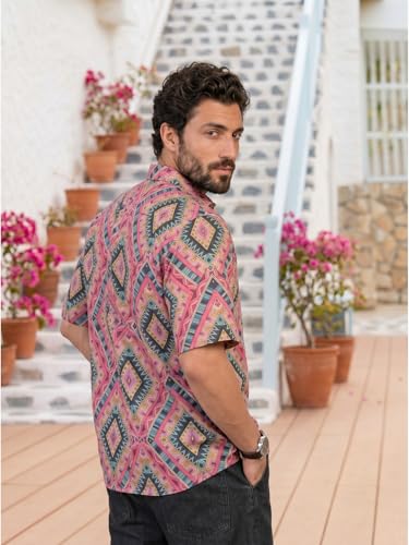 Image of BROWN CULTURE Men's Cotton Blend Printed Shirt with Spread Collared Neck Half Sleeves Oversized Straight Hem Length and Button Down Closure | Formal Shirts for Men