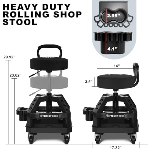 Image of Rolling Shop Stool with Wheels, Heavy Duty Garage Work Mechanic Stool with Backrest, Adjustable Height 360Swivel Rolling Chair with Tool Tray Storage, 330 LBS Capacity, Black