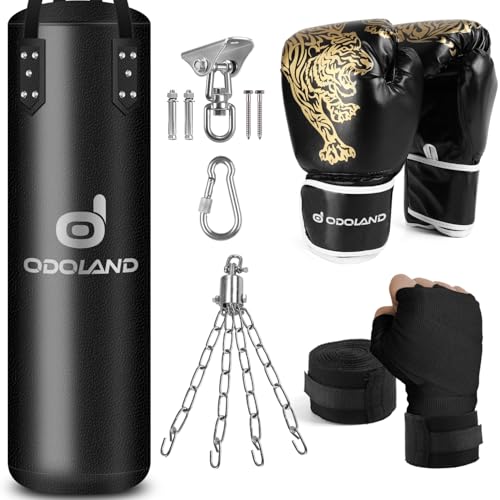 Odoland Punching Bag Set for Adults, 4FT PU Heavy Boxing Bag with 12OZ Boxing Gloves, Hand Wraps, Hanging Chains for MMA Karate Kickboxing Martial Art Home Gym Trainging - Unfilled 6-in-1