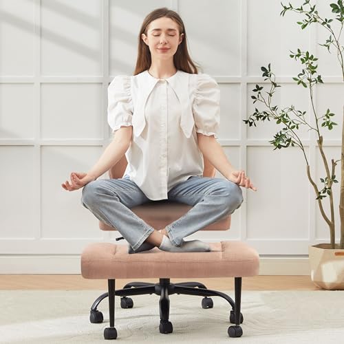 Image of Criss Cross Legged Office Chair with Wheels,Swivel Meditation Chair for ADHD,Ergonomic Desk Chair with Thicken Adjustable Footstool,Fabric Sitting Fidgeting Kneeling Chair for Home Yoga Brown