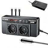 Inversor de Coche 200W (12V a 220V), con 2 enchufes, 2 Puertos USB (36W), 2 Puertos PD (18W), Pantalla LCD y 3 Cables de Carga – Ideal para Viajes de Negocios, Camping y Actividades al Aire Libre