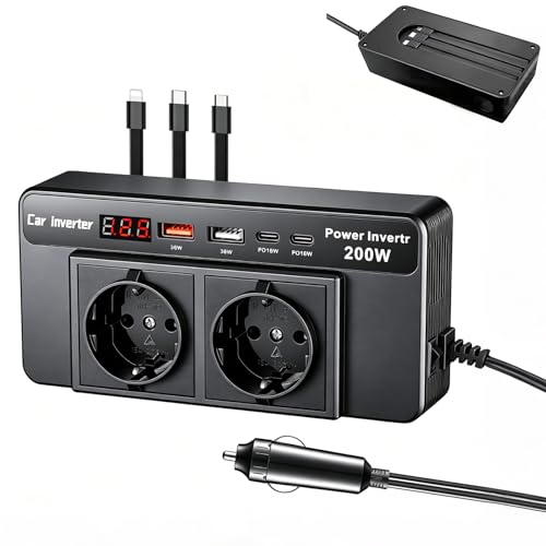 Inversor de Coche 200W (12V a 220V), con 2 enchufes, 2 Puertos USB (36W), 2 Puertos PD (18W), Pantalla LCD y 3 Cables de Carga – Ideal para Viajes de Negocios, Camping y Actividades al Aire Libre