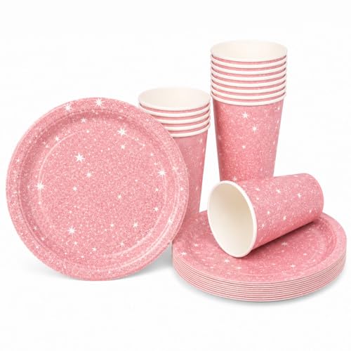 Image of Rozi Decoration Pink Sparkle Party Paper Plates and Cups Set - 10 Plates & 10 Cups | Elegant Disposable Tableware for Birthday, Baby Shower, Girls Party & Celebration Decor