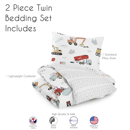 Image of Sweet Jojo Designs 2-Piece Twin Comforter Set (Red Construction Truck) for Boys, Children, Kids Bedding, Bed in a Bag incl. Blanket & Pillow Sham (Transportation, Gray, Blue, Grey & Yellow, Trucks)