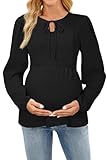 OUGES Womens Maternity Nursing Tops Tie Front Crew Neck Long Sleeve Breastfeeding Shirts Hidden Zipper Business Casual Fall Outfits Pregnancy Must Haves Work Clothes Office Blouse 2025(Black,M)