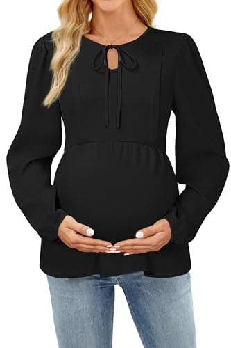 OUGES Womens Maternity Nursing Tops Tie Front Crew Neck Long Sleeve Breastfeeding Shirts Hidden Zipper Business Casual Fall Outfits Pregnancy Must Haves Work Clothes Office Blouse 2025(Black,M)