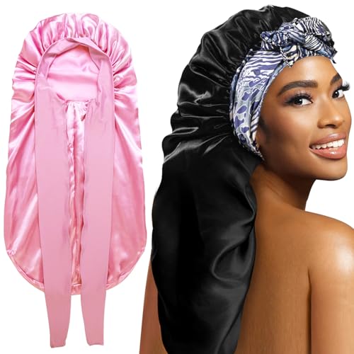 WOZUTUNT 2Pcs Bonnets for Black Women Braid Bonnet, Large Long Satin Bonnet for Braids, Silk Bonnet with Stretchy Tie Band Sleep Cap Hair (2Pcs-Black&Leopard)