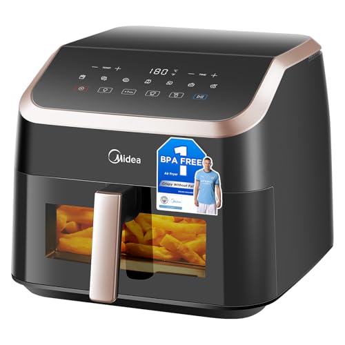 Midea Large Air Fryer with See-Thru Window, 8.5 L, 8-in-1, Heatexpress Rapid Air Technology, Uses No Oil, Max Crisp, Non-Stick, Flexible Heating +1 Minute Button, Dishwasher Safe, Black 8.5
