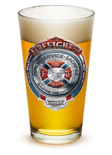 Erazor Bits Firefighter Fireman - Traditional Chrome Badge Classic Premium Beer Pint Glasses 16 Ounce - Set of 24 - Highball Cocktail Mixing Glass - Perfect for Cold Beverages - With Logo