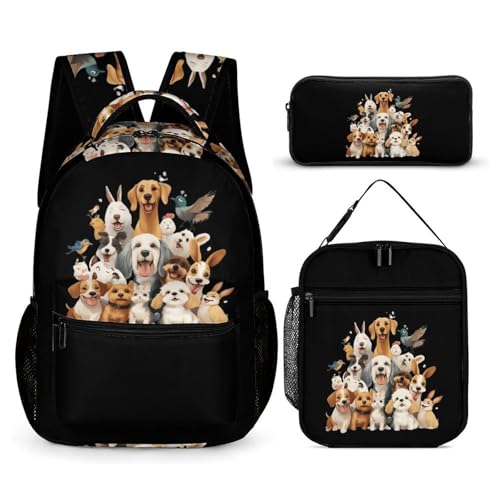 Dogs And Birds 3 PCS Backpack Set Casual Daypack with Insulated Lunch Bag & Pencil Case