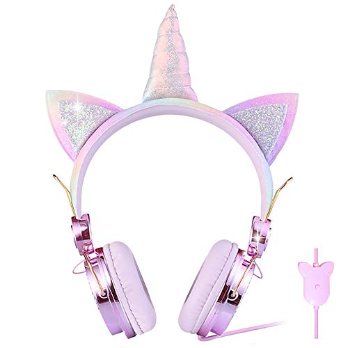 Kids Headphones for Girls Boys Children Teens, Cute Unicorn Headphones with MIC, 3.5mm Jack Wired On Ear Headset for Cellphones Computer School Tablet - Light Pink