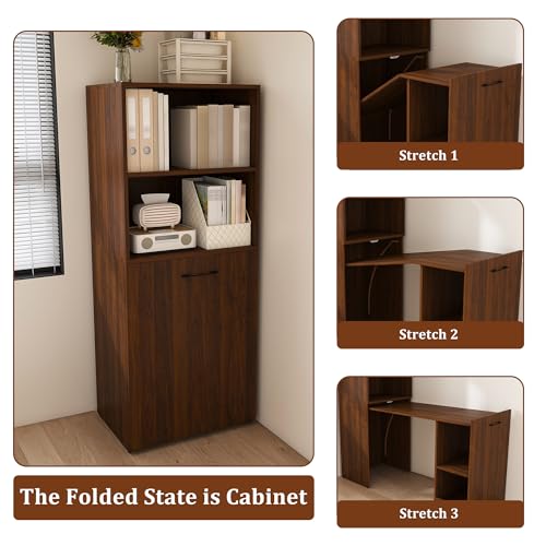 Image of Foldable Office Desk, Fold Out Convertible Hidden Murphy Computer Desk with Storage Shelves, Multi-Function Folding Writing Table for for Small Spaces, Home Office (Walnut)