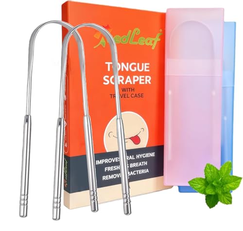 Tongue Scraper for Adults with Multicolor Travel Cases (2 Pack) 100% Stainless Steel Reduce Bad Breath Tongue Scrubber Easy to Use Tongue Cleaner for Oral Care & Hygiene
