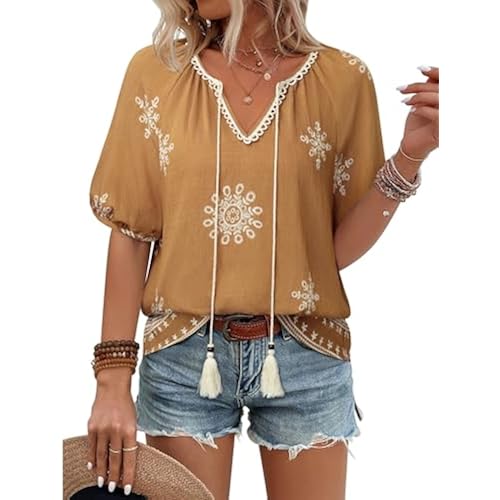 Vivilli Womens Summer Boho Tops Casual V Neck Short Sleeve Blouses Floral Printed Shirt Tie Front Flowy Vacation Clothes
