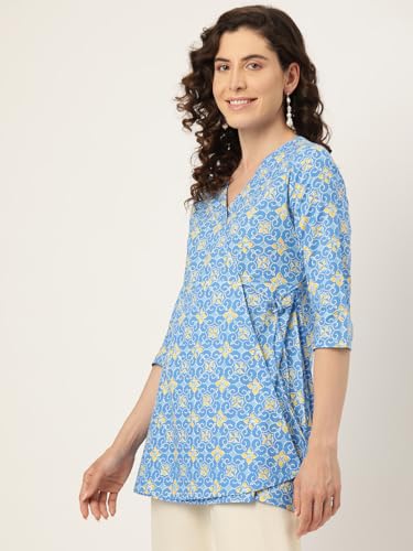 Image of feranoid Floral Print Angrakha 3 Sleeves Flared Kurti