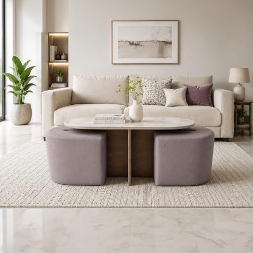 Image of The Attic Norwood Coffee Table, Coffee Table for Living Room, Coffee Table with 2 stools Solid Wood Centre Table with Ceramic Top, Tobacco Brown Finish