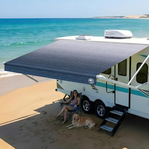 19.5oz Heavy Duty RV Awning Fabric Replacement, 5-Layer Rip-Stop No-Hole Vinyl Awning, Waterproof UV-Resistant RV Canopy for Camper, Trailer & Motorhome, Universal Fit 16FT (Fabric 15'2")