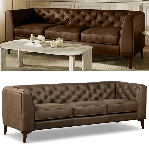 Poly & BARK Essex 89” Full-Grain Italian Leather Sofa – Tufted Back, Feather-Down Comfort, Solid Wood Frame, Cocoa Brown
