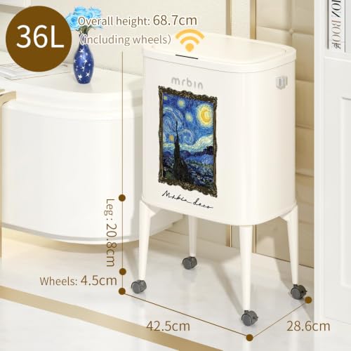 Image of MRBIN Metal Kitchen Trash Can with Wheel Legs, 36L / 9.5gal Medium Press Lid Slim Removable Waste Basket, Pet Proof Tall Narrow Garbage Pail for Vanity, Bedroom, Bathroom, Living Room, Starry Night
