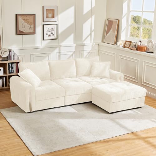 Vesgantti 3 Seater Sofas with Ottoman, Yellow Beige Modular Sectional Storage Sofa for Living Room in Soft Chenille