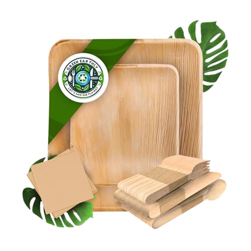 GREEN EARTHLY Paquete de fiesta de hoja de palmera, compostable, biodegradable, desechable, resistente, ecológico, apto para microondas. Platos cuadrados de 10 y 7 pulgadas, cubiertos y servilletas de