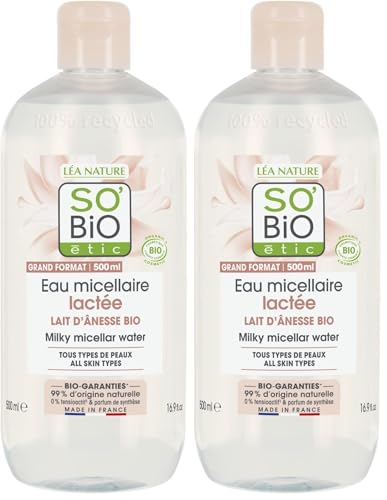 So'Bio étic - Eau micellaire lactée - Mon Lait d'Ânesse - Tous types de peaux - Certifié Cosmebio - Flacon de 500 ml (Lot de 2)