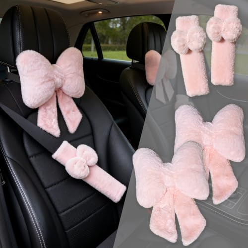 UINSUE Car Neck Pillow 2PCS Plush Bowknot Car Headrest Pillow – Comfortable Neck Support for Driving Soft Touch Fabric Car Pillow Cute Interior Decor (Pink Set 4 Pcs)