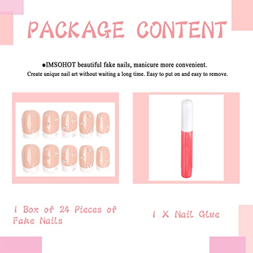 Imsohot White French Press On Nails Medium Square Pearl Fake Nails Glossy Nude Glue On Nails Squoval False Nails Acrylic Nails For Women And Girls #TOP3