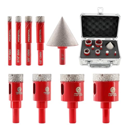 Diamond Core Drill Bits Set - FOCSTOL 9pcs (6/8/10/12/20/25/32/35mm+50mm Beveling Chamfer Bit) Diamond Hole Saw Kit with Round Shank for Porcelain Ceramic Tile Marble Granite