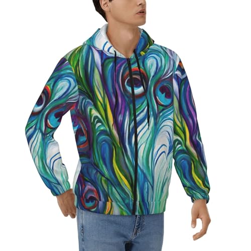 Sweats à capuche à fermeture éclair pour hommes en polyester doux avec imprimé plumes de paon S-3XL