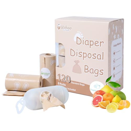 Image of USBOO Diaper Bags Disposable for Baby, Biodegradeable Dirty Diaper Bags (8 Refill Rolls/120 Bags) with Dispenser, Leak Proof Diaper Trash Bags, Baby Poop Bags, Tropical Fruit Scent