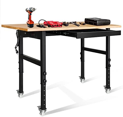 59" Bamboo Wood Garage Workbench w/Power Outlets & Drawer,Adjustable Height 25.4"-35.2",Multifunctional Workstation on Wheels 2000 Lbs Commercial Steel Work Tool Table Work Bench for Home Office