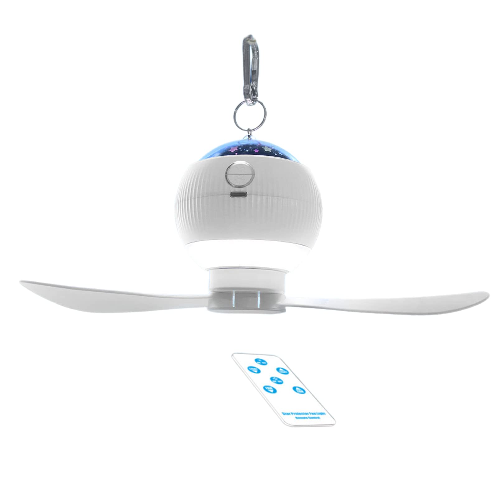 Ventilador para acampar portátil con luz LED de proyección y recarga tipo C para exteriores