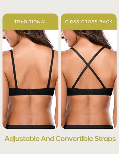 WingsLove Women's Push Up Bra T Shirt Bra Lightly Padded Underwire Everyday Basic Comfort Lift Up Plunge Bra Black - Image 3