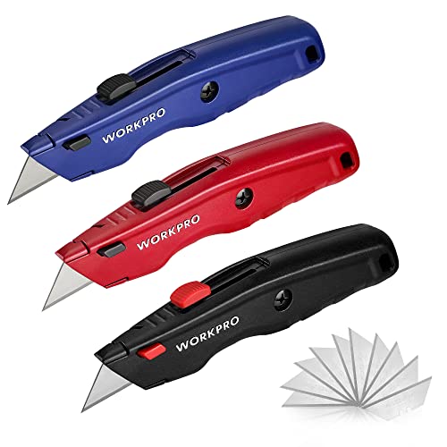 WORKPRO Premium Utility Knife, Retractable All Metal Heavy Duty Box Cutter, Quick Change Blade Razor Knife, with 10 Extra Blades, Set of 3 (Black, Red, Blue)