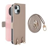 HanaRo iPhone15 用 ケース スマホケース 鏡付き 手帳型ケース くすみカラー ショルダー ミラー ﾍﾞｰｼﾞｭ×ﾋﾟﾝｸ