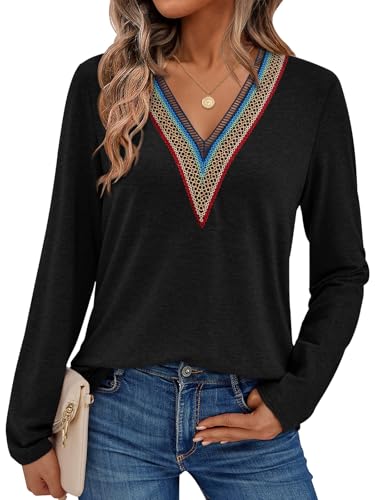 AUTOMET Womens Long Sleeve Tops Lace V Neck Shirts Casual Boho Top Fall Fashion Blouses 2025 Trendy Soft Basic Clothes