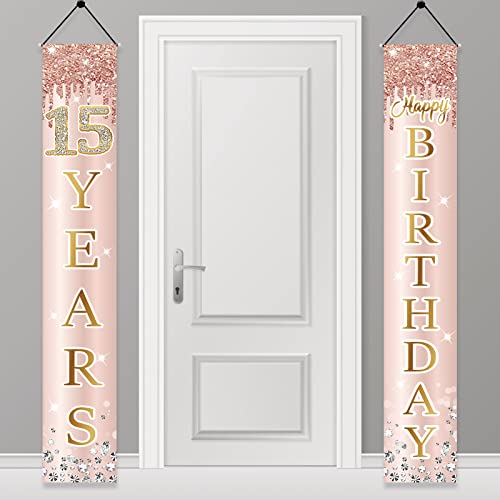 Image of 15th Birthday Door Banner Decorations for Girls, Pink Rose Gold Happy 15 Birthday Door Porch Backdrop Party Supplies, Fifteen Year Old Birthday Sign Decor
