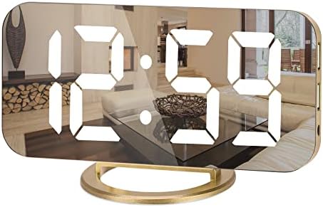 Ygdigital Digital Alarm Clock,6.5 Inch LED Mirror Electronic Clocks,with 2 USB Charging Ports,3 Adjustable Brightness, Snooze,12/24H, for Bedroom Home Office (Gold)