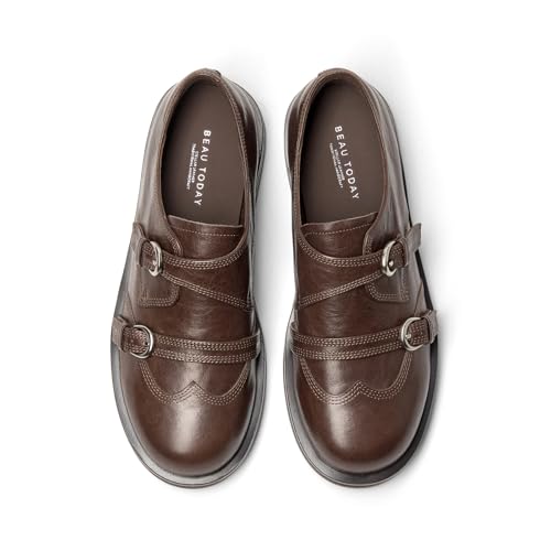 Image of BEAU TODAY Women's Leather Loafers, Wingtip Brogue Monk Strap Shoes