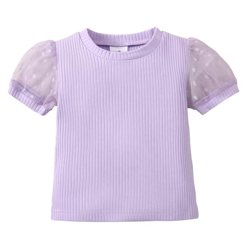 Image of OPAWO Toddler Girl Shirts Short Sleeve Ribbed Cotton Baby Tee Girls Tops | Polka dot tulle puff sleeves, Super soft and lightweight, Solid color, Versatile, Fit for summer, 12 Months to 8 Years