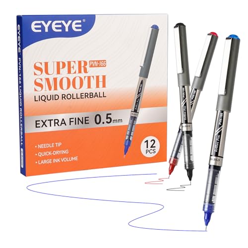 EYEYE Needle Rollerball Pens, 3 Colors, 0.5mm Extra Fine Point, Pack of 12