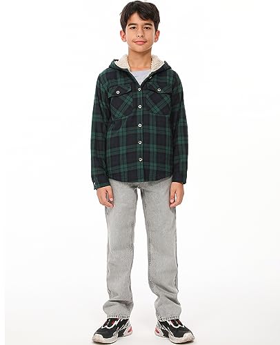 Image of ZENTHACE Boys Sherpa Fleece Lined Flannel Plaid Button Down Shirt Jacket,Hooded Flannel Shirt with Hand Pockets