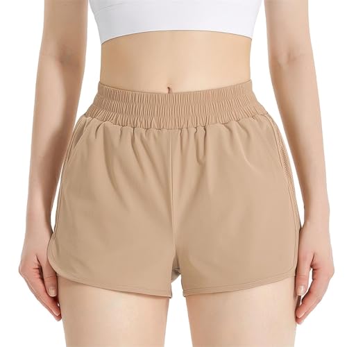 NEXSONIC Athletic Shorts for Women Quick-Dry Running Shorts with Linear Workout Gym Active Sport Shorts (Khaki, X-Small)
