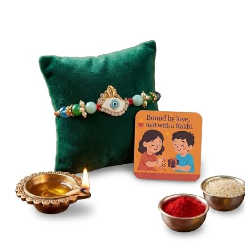 Image of SAUDEEP INDIA Decorative Fridge Magnet for Refrigerator Decor | Evil Eye Rakhi for Brother | Raksha Bandhan Gift Combo Set | Cotton Thread Rakhi for Bhai Bhaiya | Festive Home Decor Item