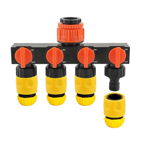 Ruiyuan Faucet Splitter Garden Hose Connector 4-Way Garden Hose Splitter with Independent Valves, 3-Size Faucet Compatibility (GHT1/2, GHT3/4, GHT1)(Orange)