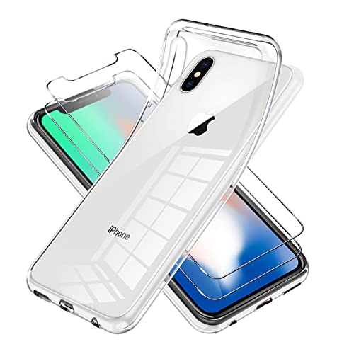 Vauki Funda para iPhone XS/X con 2 Protector de Pantalla,Carcasa Silicona Transparente Suave y Cristal Templado,Ultra Fina TPU Antigolpes Case Cover para iPhone XS 5.8"